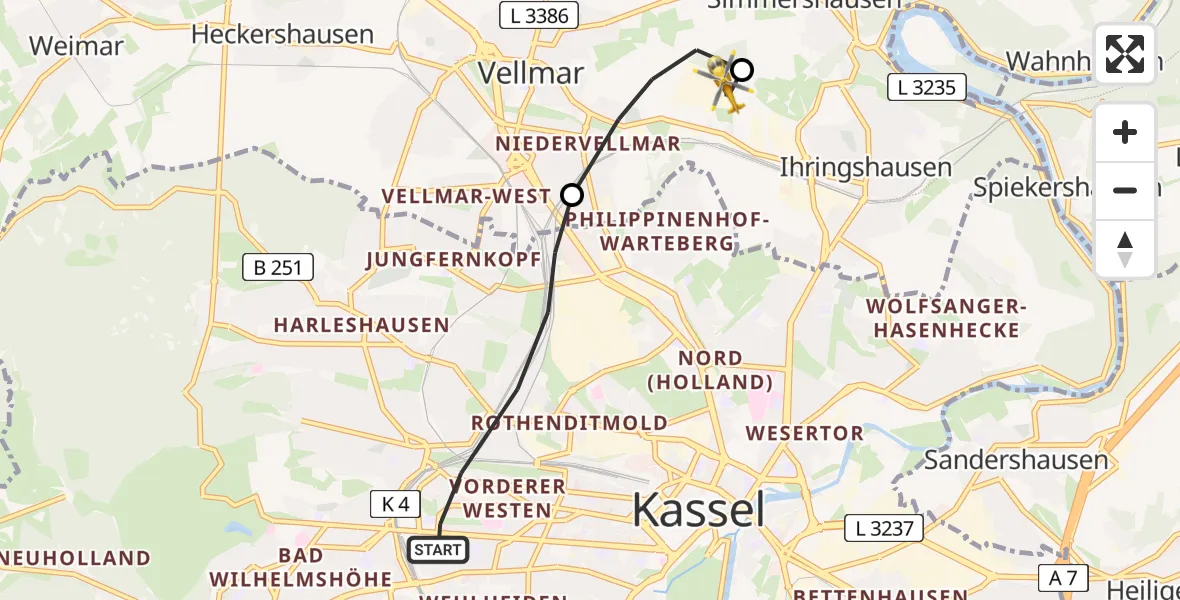 Flugroute Rettungshubschrauber Kassel - Fuldatal Bundespolizei Hubschrauberlandeplatz, 09 Juli 2026, 19:26