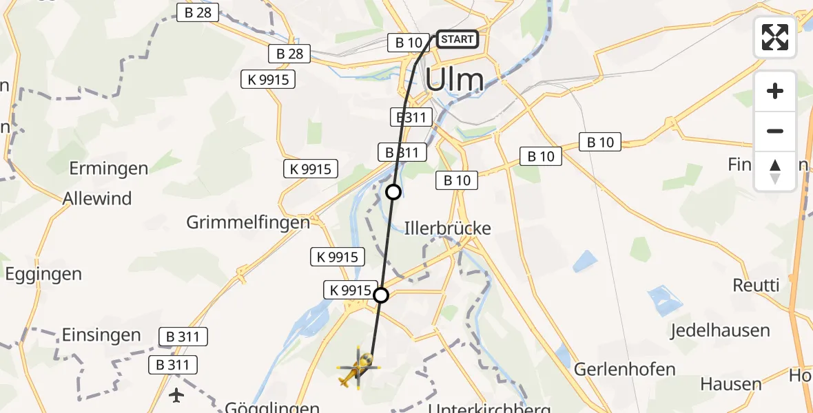 Flugroute Rettungshubschrauber Ulm - Ulm, 09 Juli 2026, 19:28