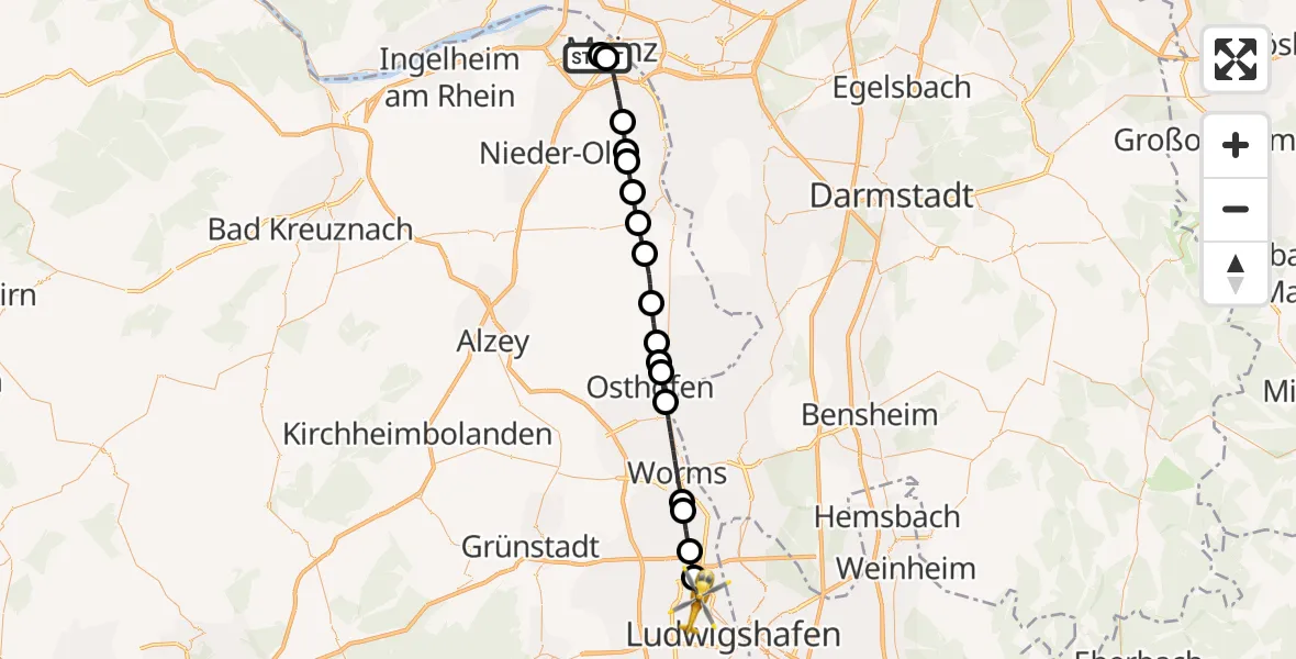 Flugroute Rettungshubschrauber Mainz University Hospital - Ludwigshafen am Rhein, 09 Juli 2026, 19:42