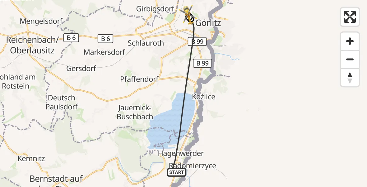 Flugroute Rettungshubschrauber Görlitz - Görlitz Hospital, 09 Juli 2026, 19:49