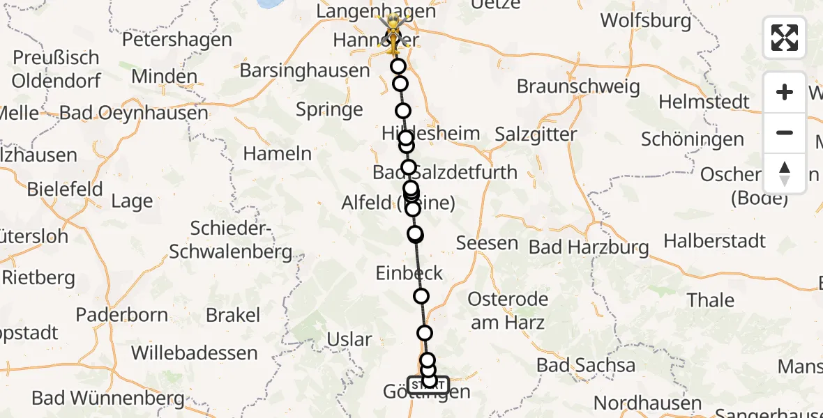 Flugroute Rettungshubschrauber Göttingen University Clinic Hubschrauberlandeplatz - Hannover Luftrettung Hubschrauberlandeplatz (Christoph 4), 09 Juli 2026, 19:55