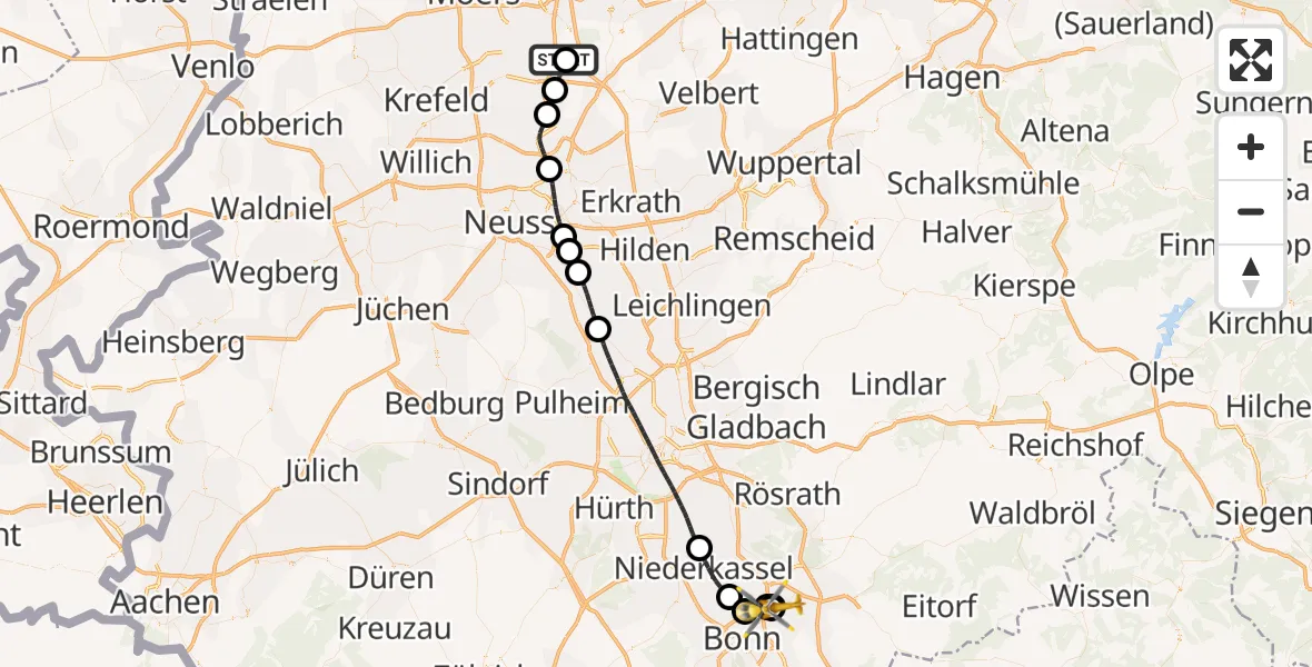 Flugroute Rettungshubschrauber Duisburg Air Rescue Hubschrauberlandeplatz (Christoph 9) - Sankt Augustin, 09 Juli 2026, 19:57