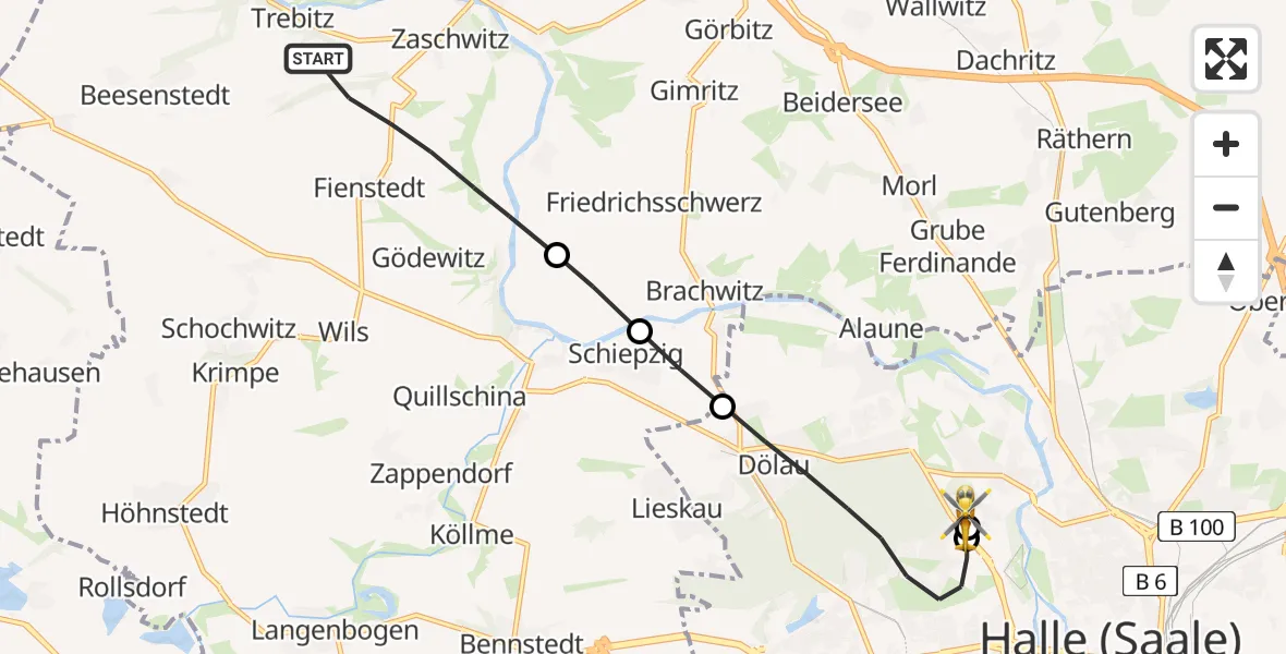 Flugroute Rettungshubschrauber Salzatal - Halle (Saale) University Hospital, 09 Juli 2026, 20:01