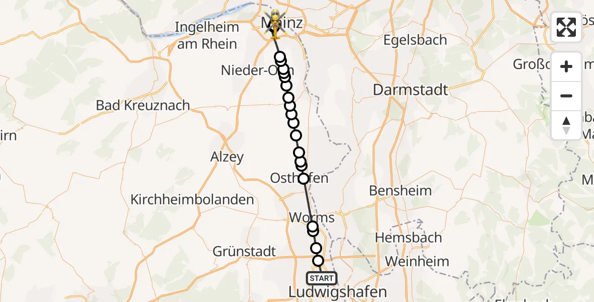 Flugroute Rettungshubschrauber Ludwigshafen am Rhein - Mainz University Hospital, 09 Juli 2026, 20:02