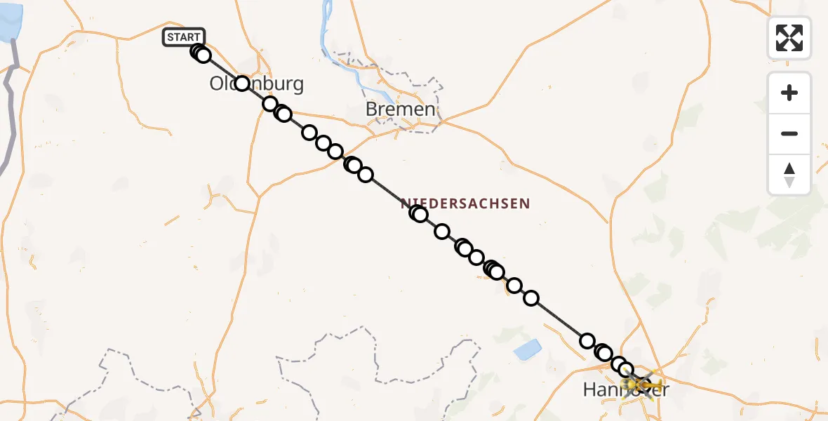 Flugroute Rettungshubschrauber Westerstede - Hannover Luftrettung Hubschrauberlandeplatz (Christoph 4), 09 Juli 2026, 20:04
