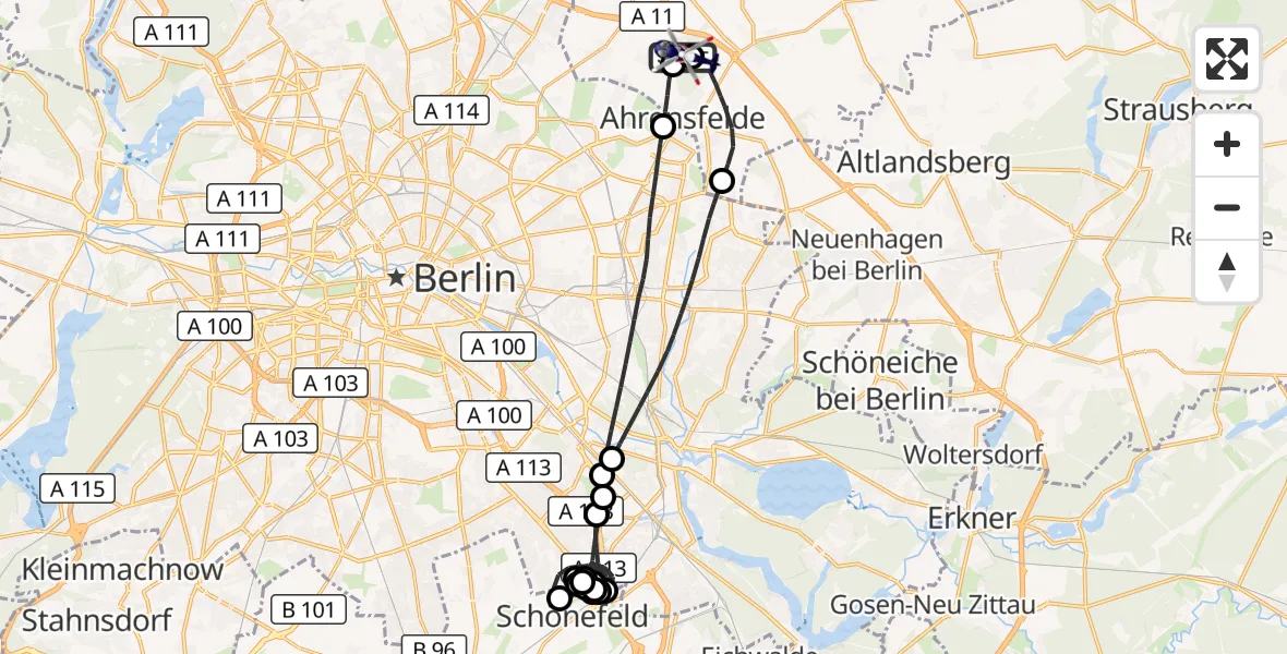 Flugroute Polizeihubschrauber Ahrensfelde Hubschrauberlandeplatz - Ahrensfelde Hubschrauberlandeplatz, 09 Juli 2026, 20:09