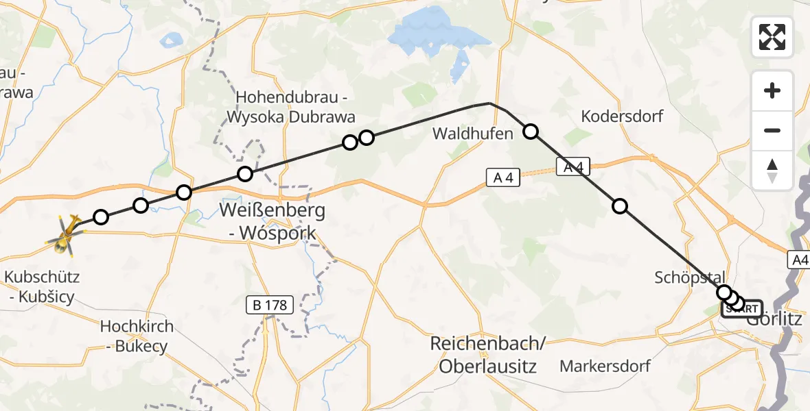Flugroute Rettungshubschrauber Görlitz Hospital - Bautzen Flugplatz, 09 Juli 2026, 20:15