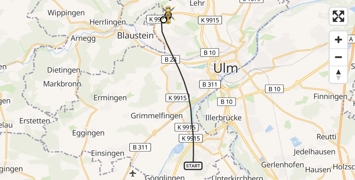 Flugroute Rettungshubschrauber Ulm - ADAC Air Rescue Station Ulm (Christoph 22), 09 Juli 2026, 20:15