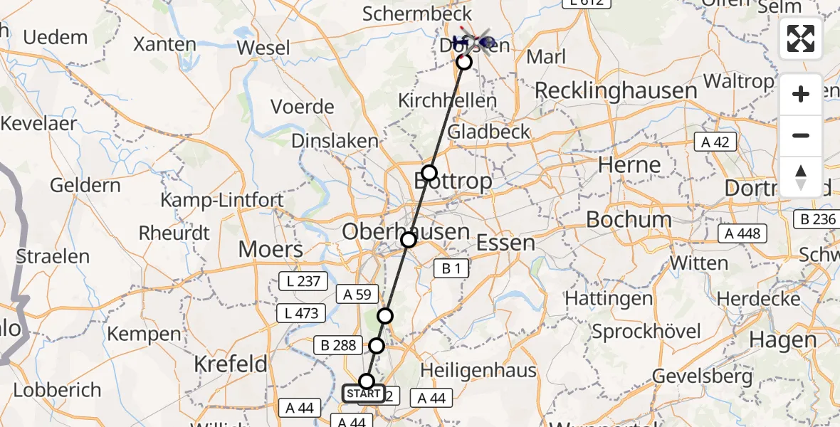 Flugroute Polizeihubschrauber Düsseldorf Flughafen - Dorsten, 09 Juli 2026, 20:22