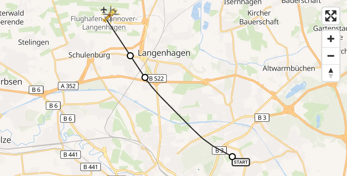 Flugroute Rettungshubschrauber Hannover Luftrettung Hubschrauberlandeplatz (Christoph 4) - Flughafen Hannover, 09 Juli 2026, 21:38