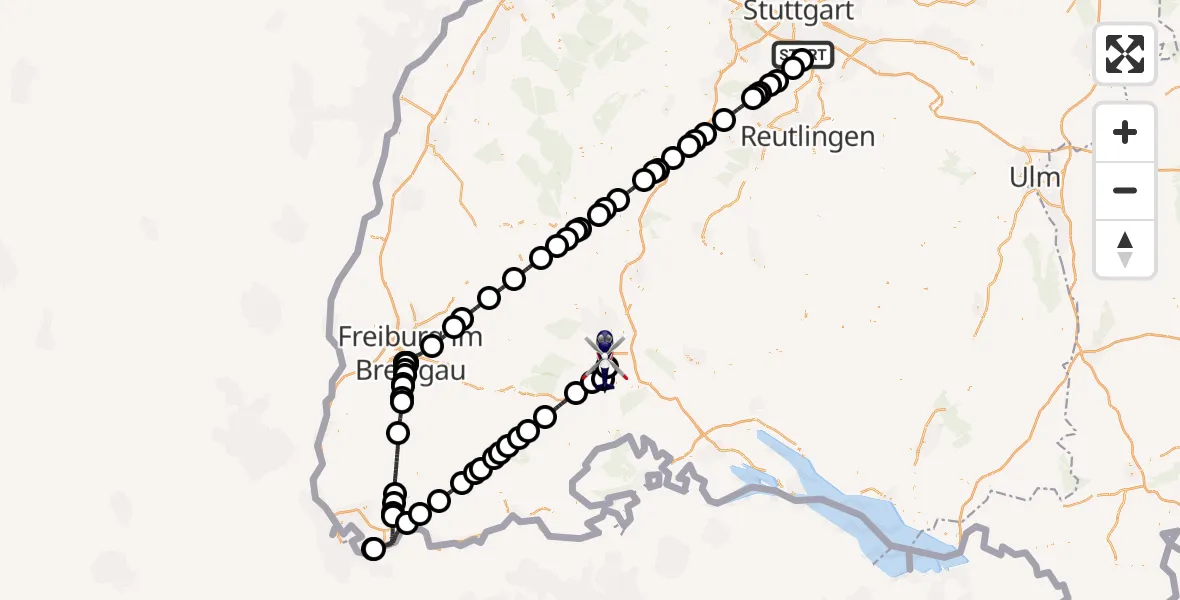 Flugroute Polizeihubschrauber Flughafen Stuttgart - Donaueschingen-Villingen Flugplatz, 09 Juli 2026, 22:10