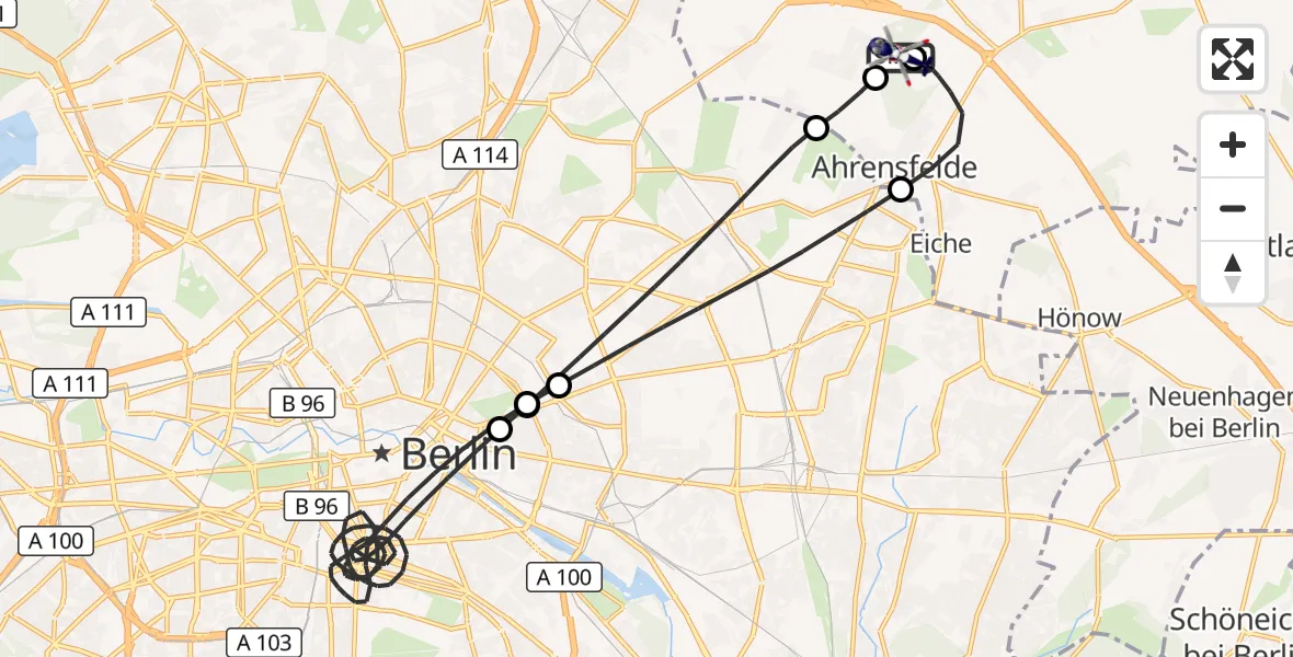 Flugroute Polizeihubschrauber Ahrensfelde Hubschrauberlandeplatz - Ahrensfelde Hubschrauberlandeplatz, 09 Juli 2026, 22:42