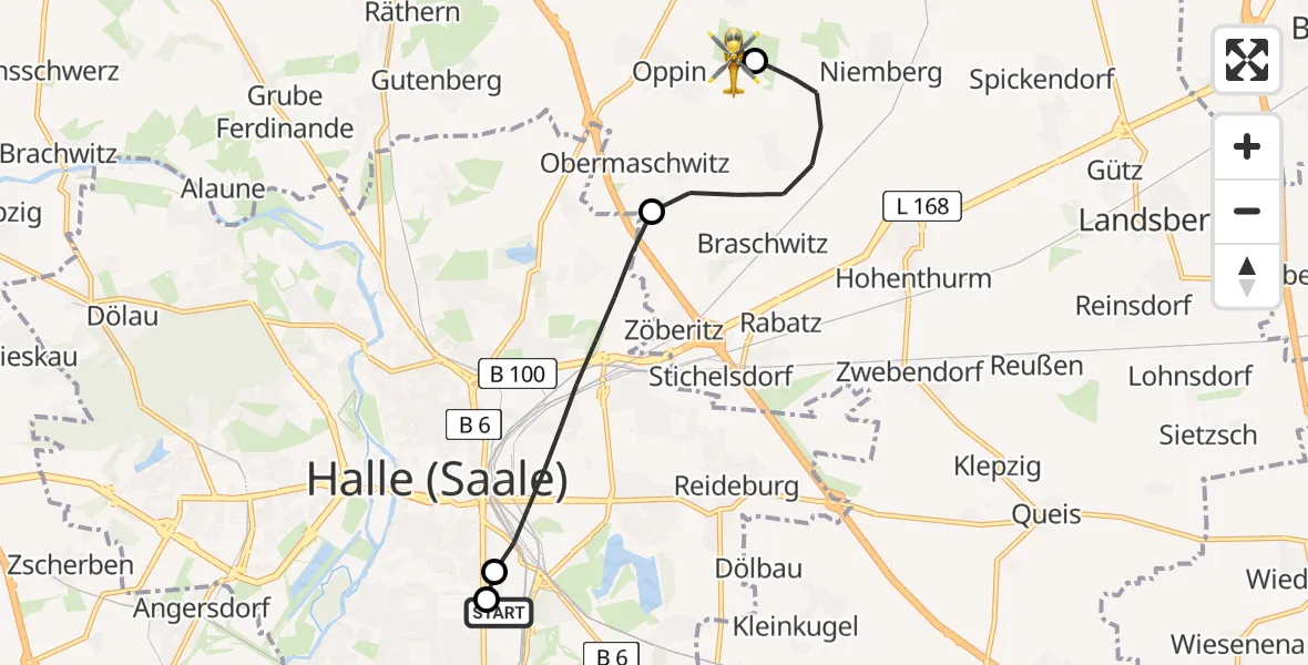 Flugroute Ambulanzhubschrauber BG Hospital Bergmannstrost Halle - Halle-Oppin Flugplatz, 10 Juli 2026, 00:01