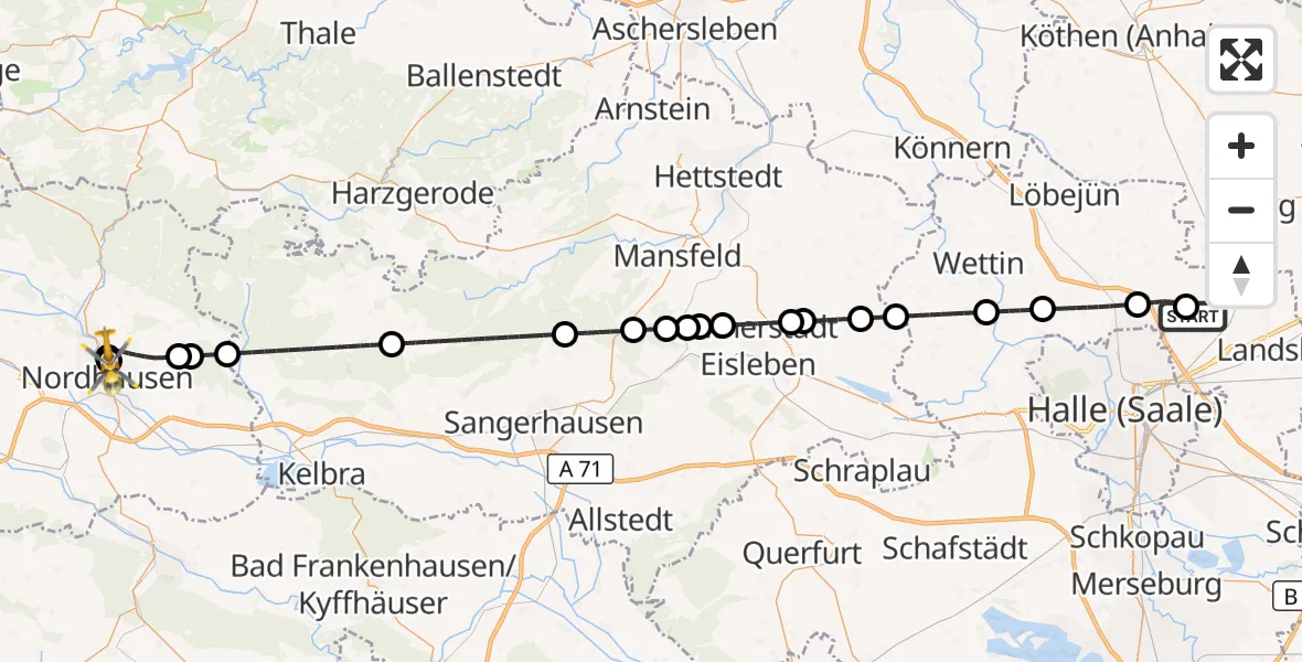 Flugroute Ambulanzhubschrauber Halle-Oppin Flugplatz - Südharz Hospital Nordhausen, 10 Juli 2026, 00:22