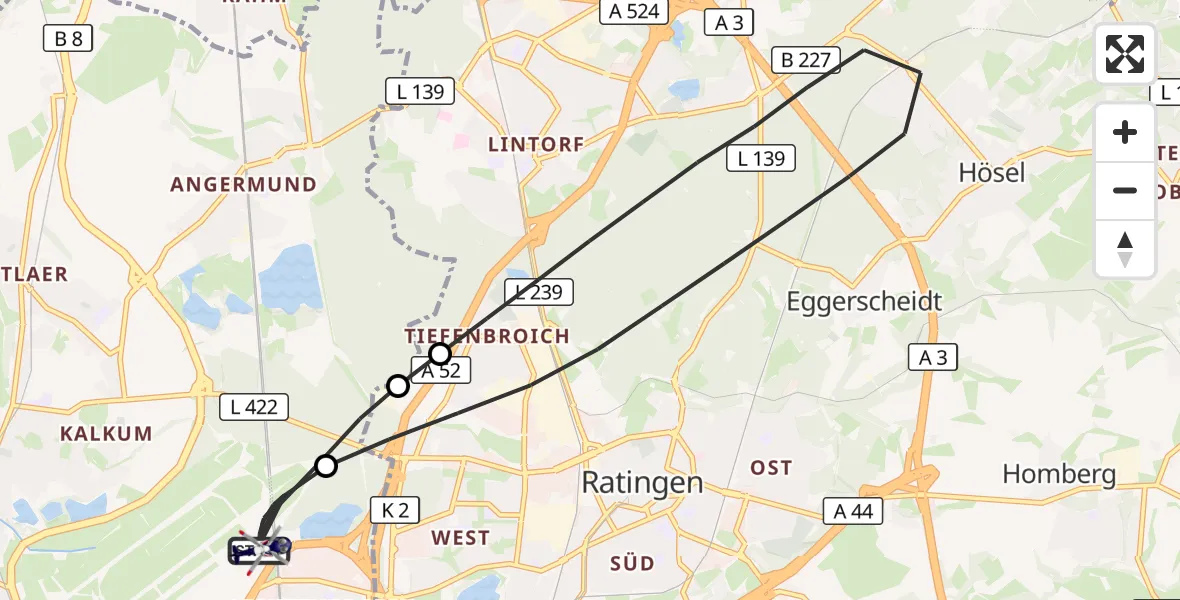 Flugroute Polizeihubschrauber Düsseldorf Flughafen - Düsseldorf Flughafen, 10 Juli 2026, 00:40