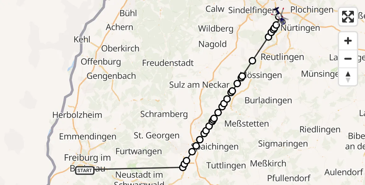 Flugroute Polizeihubschrauber Merzhausen - Flughafen Stuttgart, 10 Juli 2026, 00:51