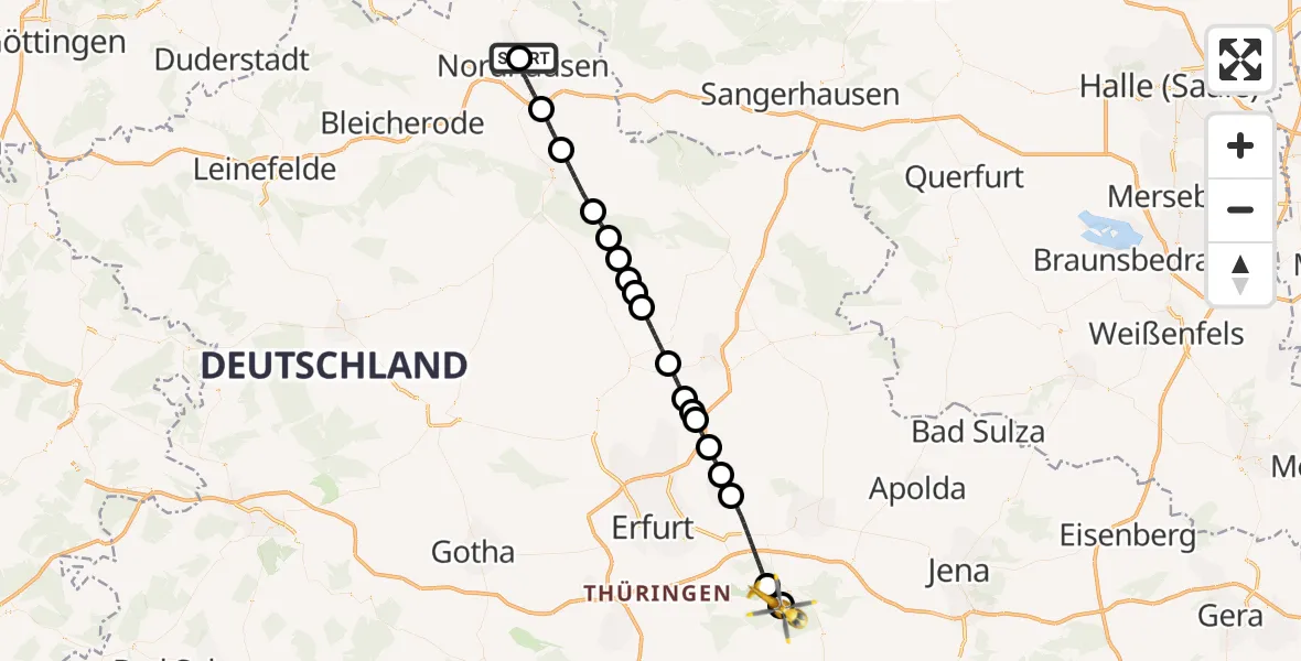 Flugroute Ambulanzhubschrauber Südharz Hospital Nordhausen - Bad Berka, 10 Juli 2026, 01:13