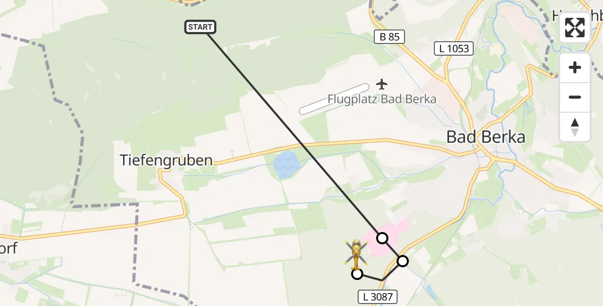 Flugroute Ambulanzhubschrauber Bad Berka - DRF Rettungsstation Bad Berka Hubschrauberlandeplatz, 10 Juli 2026, 02:07