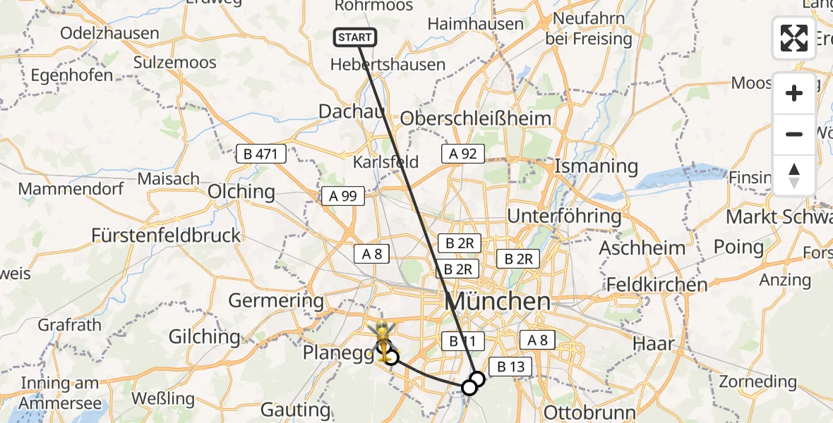 Flugroute Rettungshubschrauber Röhrmoos - DRF Air Rescue München Hubschrauberlandeplatz, 10 Juli 2026, 03:46
