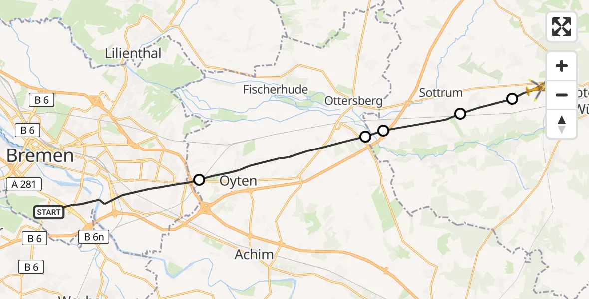 Flugroute Rettungshubschrauber Bremen - Rotenburg (Wümme), 10 Juli 2026, 05:03