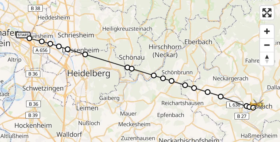 Flugroute Rettungshubschrauber Mannheim-City Flughafen - Mosbach, 10 Juli 2026, 05:03