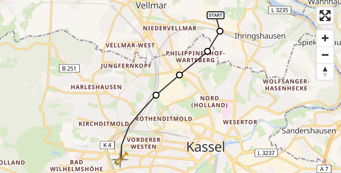 Flugroute Rettungshubschrauber Fuldatal Bundespolizei Hubschrauberlandeplatz - Kassel, 10 Juli 2026, 05:08