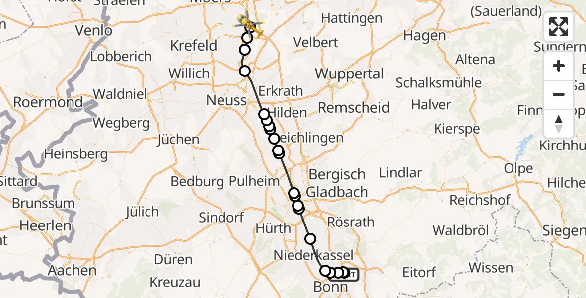 Flugroute Rettungshubschrauber Sankt Augustin - Duisburg Air Rescue Hubschrauberlandeplatz (Christoph 9), 10 Juli 2026, 05:24