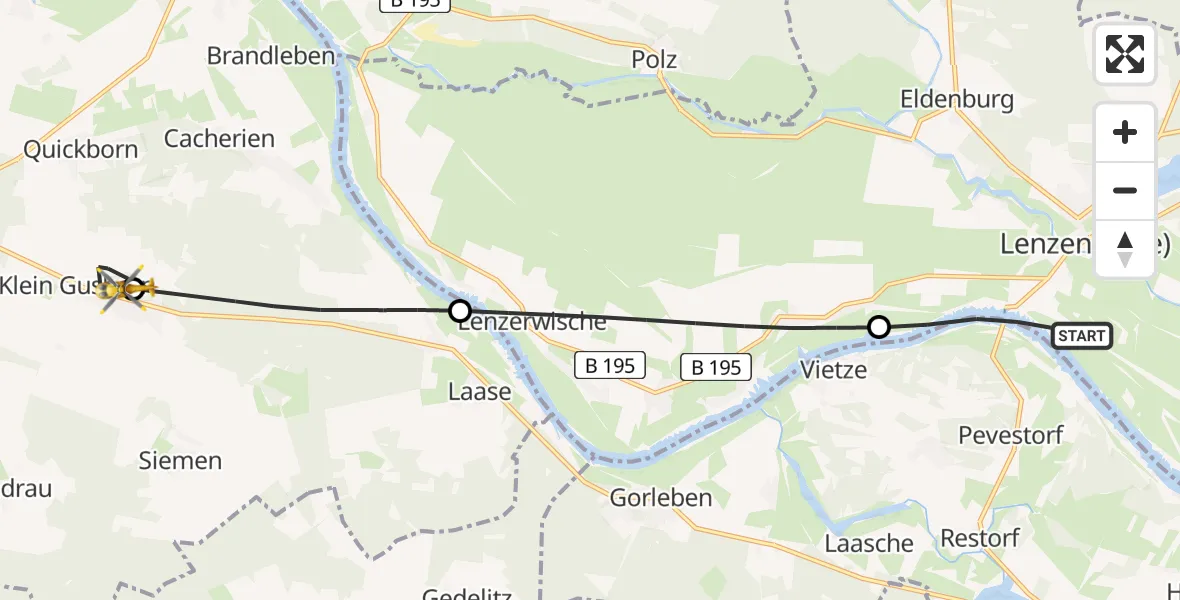 Flugroute Rettungshubschrauber Lenzen (Elbe) - Gusborn, 10 Juli 2026, 05:30