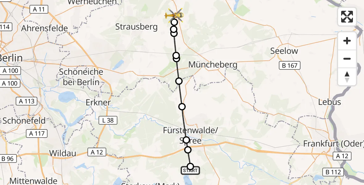 Flugroute Rettungshubschrauber Bad Saarow Hospital - Oberbarnim, 10 Juli 2026, 05:44