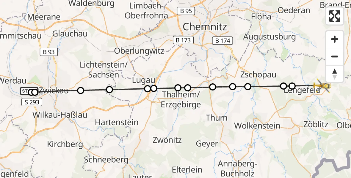 Flugroute Rettungshubschrauber ADAC Air Rescue Station Zwickau Hubschrauberlandeplatz - Pockau-Lengefeld, 10 Juli 2026, 05:44