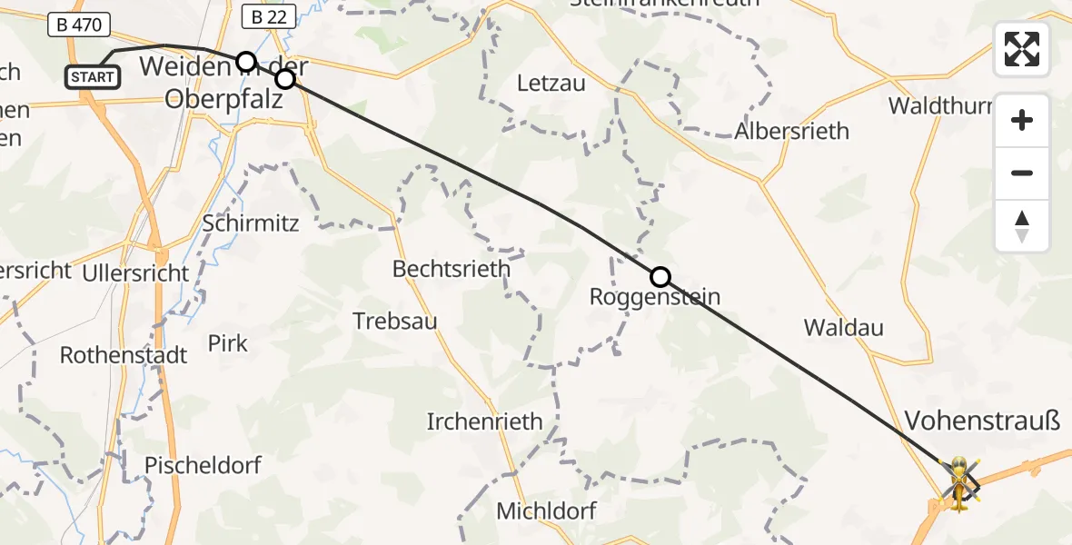Flugroute Ambulanzhubschrauber Weiden i.d.OPf. - Vohenstrauß, 10 Juli 2026, 05:45