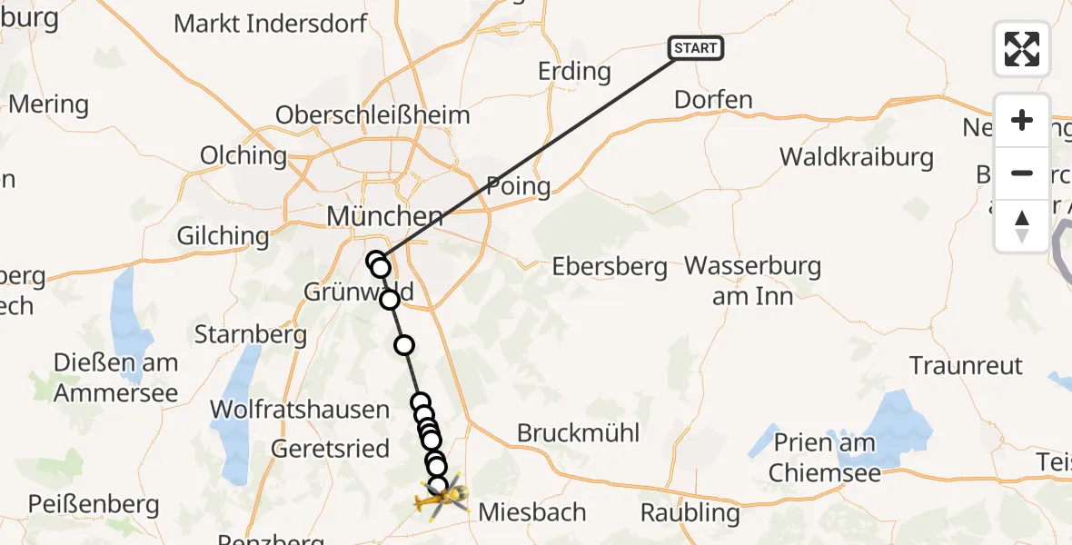 Flugroute Rettungshubschrauber Taufkirchen (Vils) - Waakirchen, 10 Juli 2026, 05:46
