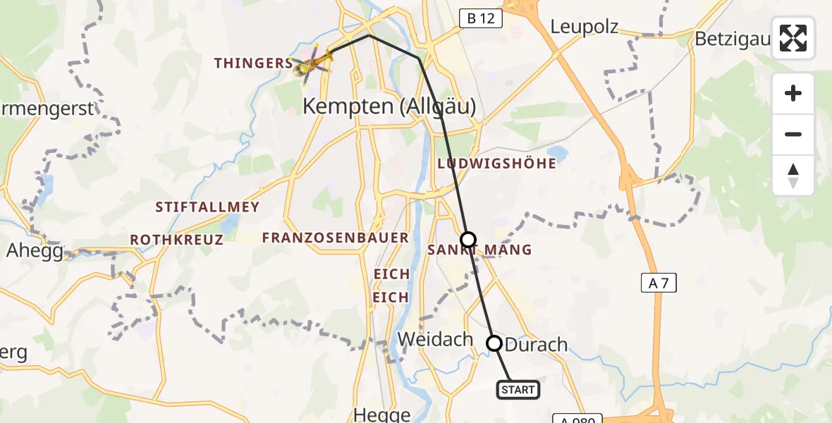 Flugroute Rettungshubschrauber Kempten-Durach Flugplatz - Kempten (Allgäu), 10 Juli 2026, 05:59