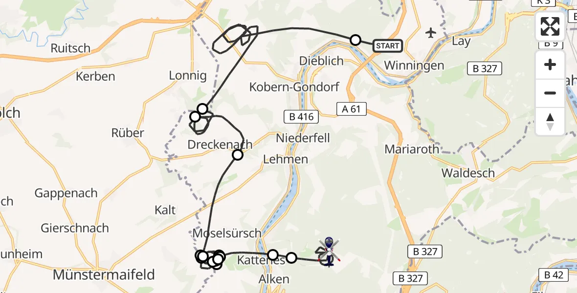 Flugroute Polizeihubschrauber Winningen - Oberfell, 10 Juli 2026, 05:59