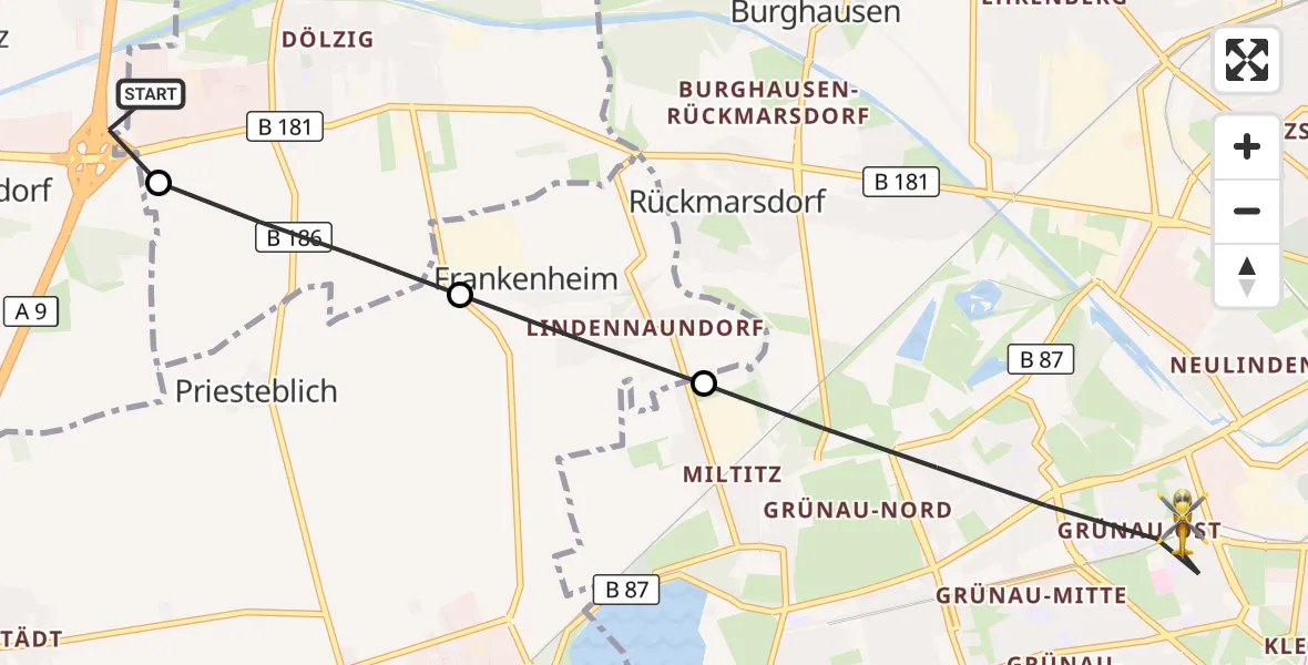 Flugroute Rettungshubschrauber ADAC Air Rescue Station Leipzig/Schkeuditz-Dölzig Hubschrauberlandeplatz (Christoph 61) - Leipzig, 10 Juli 2026, 06:03