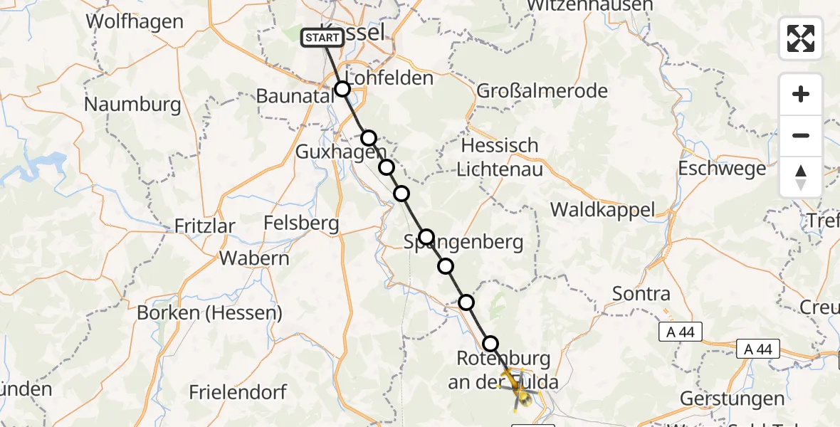 Flugroute Rettungshubschrauber Kassel - Rotenburg a.d.Fulda, 10 Juli 2026, 06:09