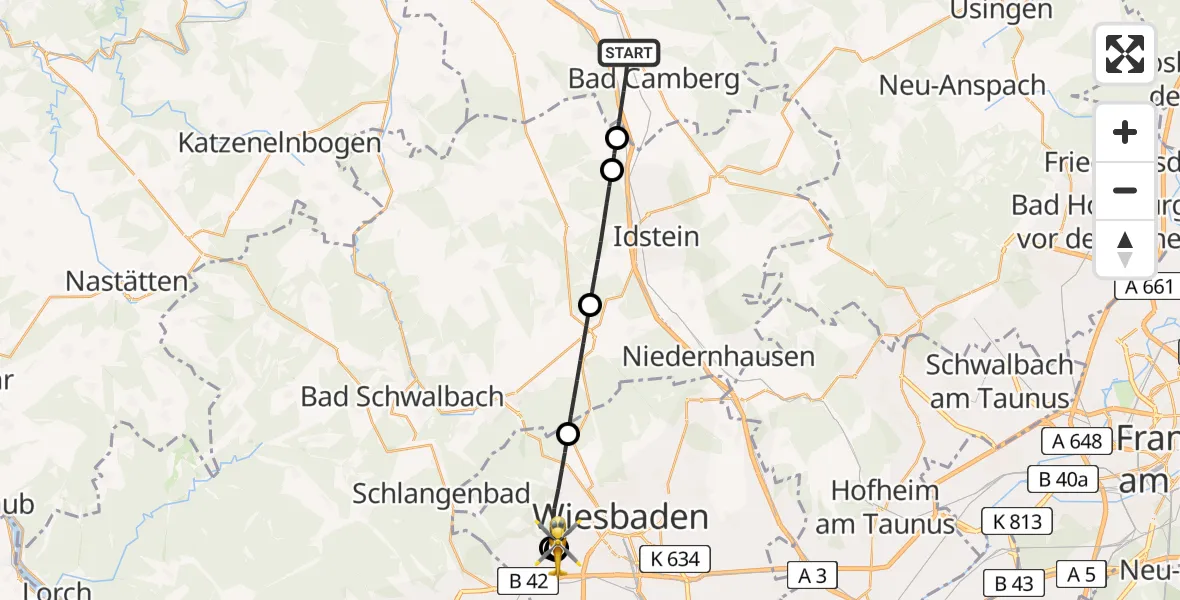 Flugroute Rettungshubschrauber Bad Camberg - Helios Horst Schmidt Klinik (HSK) Hubschrauberlandeplatz, 10 Juli 2026, 06:09