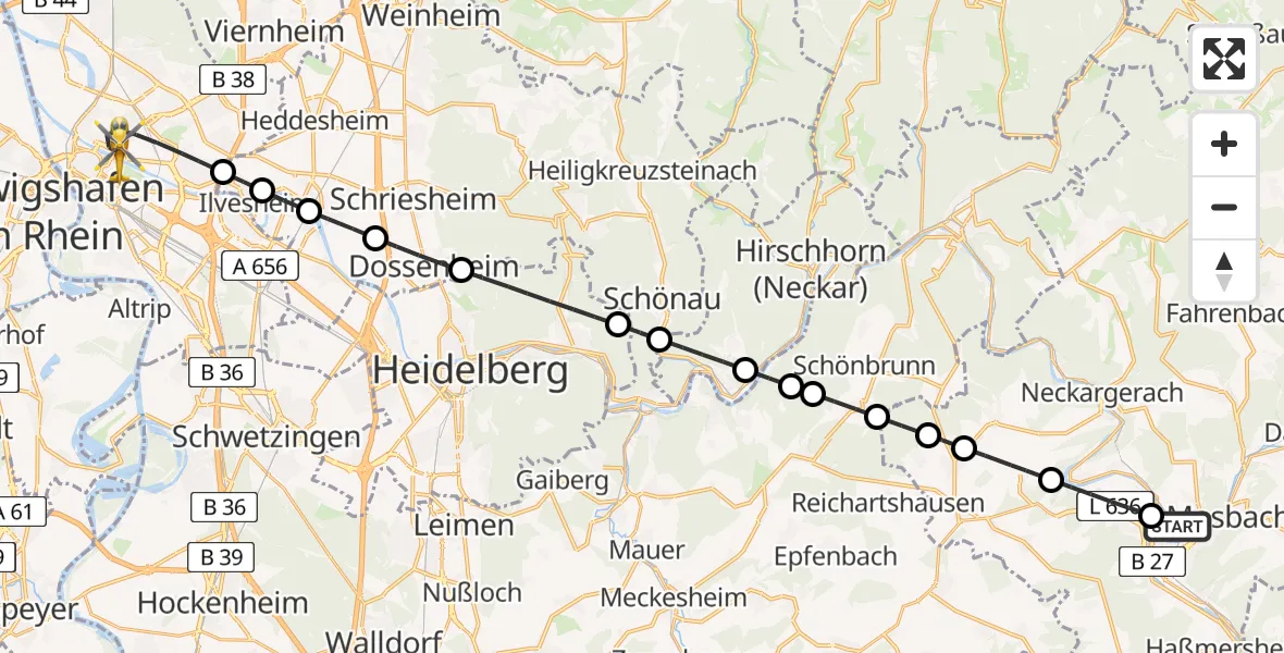 Flugroute Rettungshubschrauber Schreckhof Flugplatz - Mannheim, 10 Juli 2026, 06:09