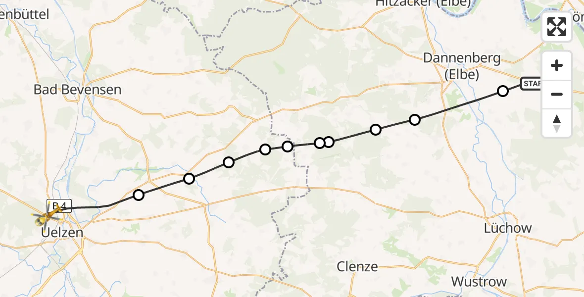 Flugroute Rettungshubschrauber Gusborn - Uelzen, 10 Juli 2026, 06:12