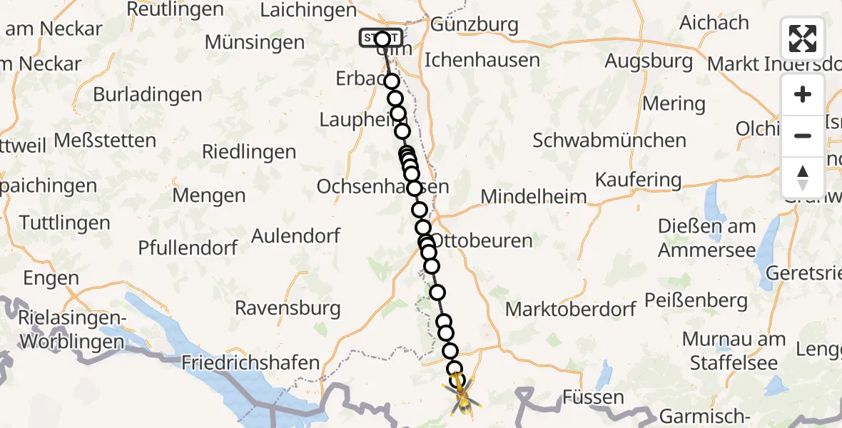 Flugroute Rettungshubschrauber Ulm Military Hospital Emergency - Immenstadt i.Allgäu, 10 Juli 2026, 06:17