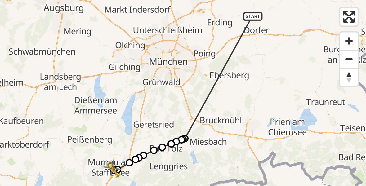 Flugroute Rettungshubschrauber Taufkirchen (Vils) - Murnau a.Staffelsee, 10 Juli 2026, 06:17