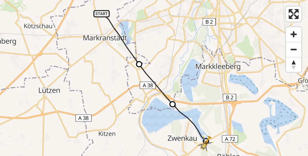 Flugroute Rettungshubschrauber Markranstädt - Böhlen, 10 Juli 2026, 06:23