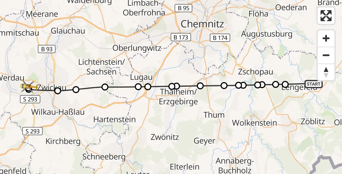 Flugroute Rettungshubschrauber Pockau-Lengefeld - ADAC Air Rescue Station Zwickau Hubschrauberlandeplatz, 10 Juli 2026, 06:28