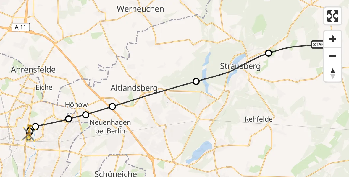 Flugroute Rettungshubschrauber Oberbarnim - Berlin Emergency Hospital, 10 Juli 2026, 06:35
