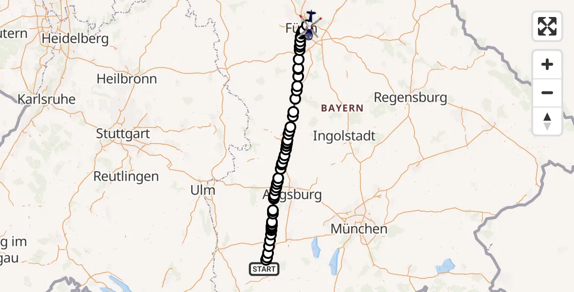 Flugroute Polizeihubschrauber Kaufbeuren - Flughafen Nuremberg, 10 Juli 2026, 06:35