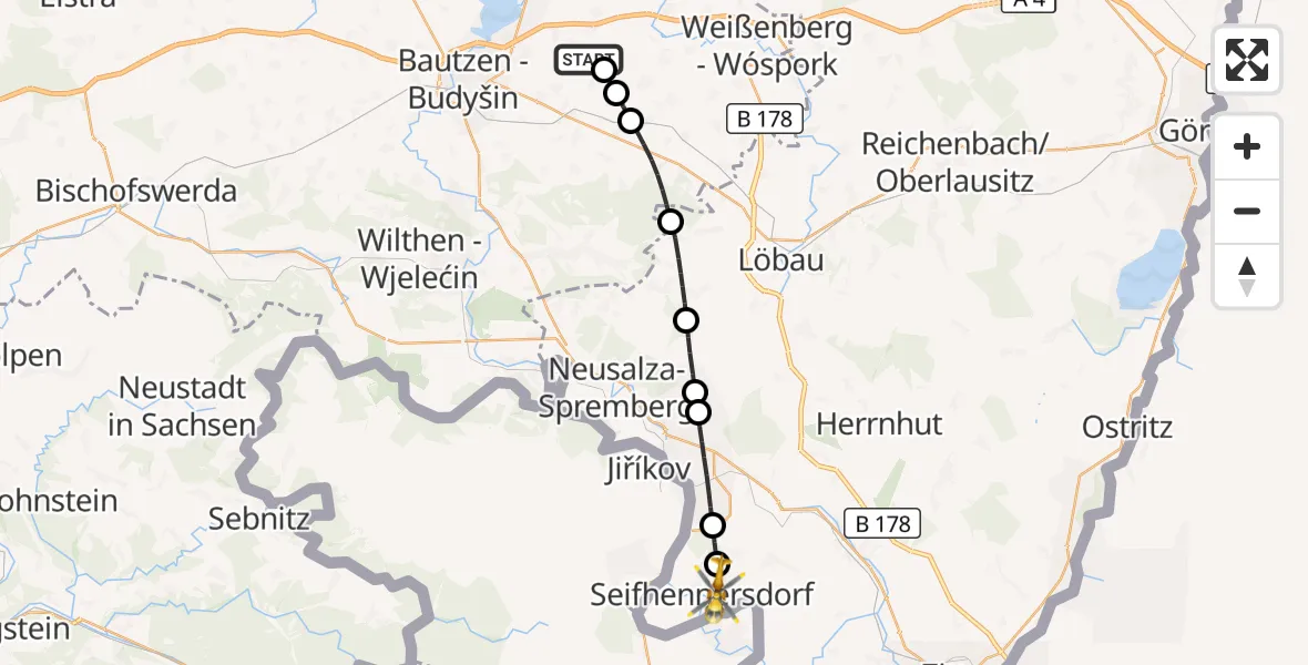 Flugroute Rettungshubschrauber Bautzen Flugplatz - Seifhennersdorf, 10 Juli 2026, 06:43