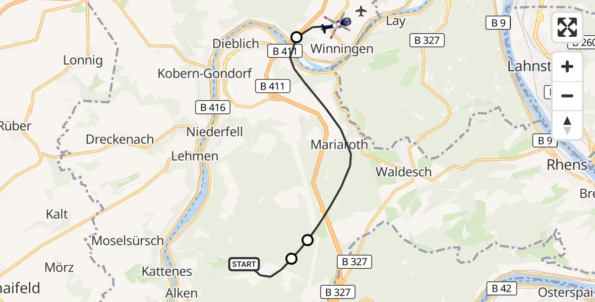 Flugroute Polizeihubschrauber Oberfell - Winningen, 10 Juli 2026, 06:46