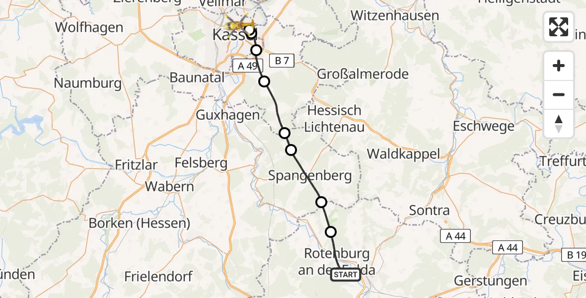 Flugroute Rettungshubschrauber Rotenburg a.d.Fulda - Kassel, 10 Juli 2026, 06:47
