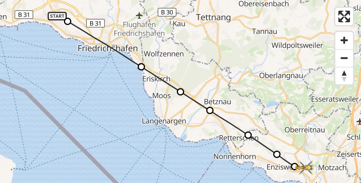 Flugroute Rettungshubschrauber Friedrichshafen Hospital - Lindau (Bodensee), 10 Juli 2026, 06:48