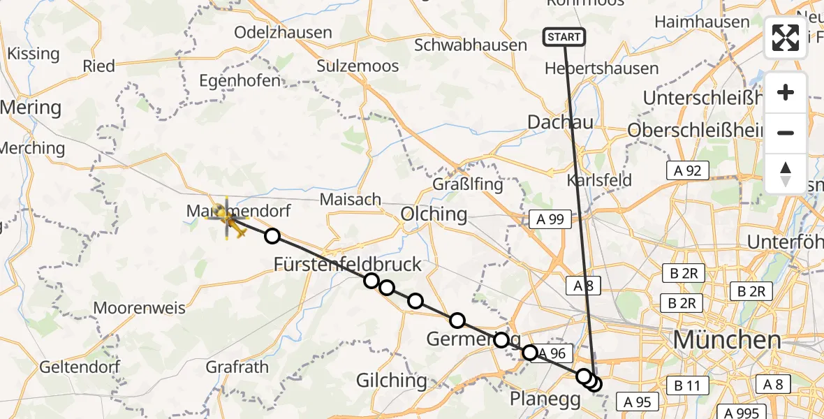 Flugroute Rettungshubschrauber Röhrmoos - Mammendorf, 10 Juli 2026, 06:49